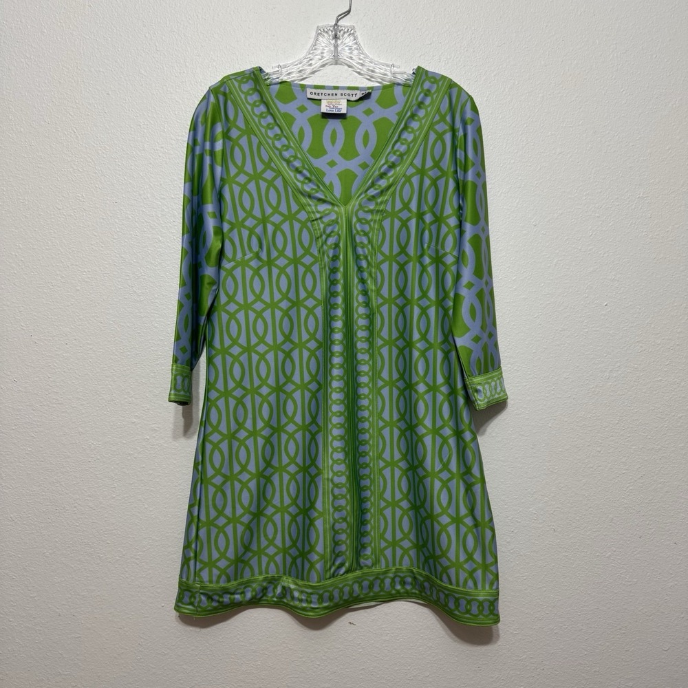 Gretchen Scott V Neck 3/4 Sleeve Trellis‎ Aqua & Green Shift Dress Womens Size M